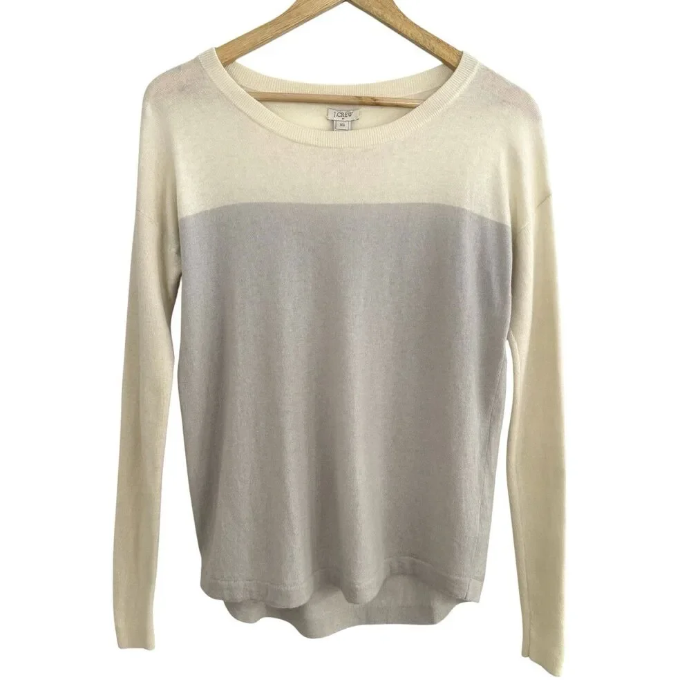 J Crew Women's Colorblock Sweater XS Cream Gray Merino Wool‎ Pullover Minimal